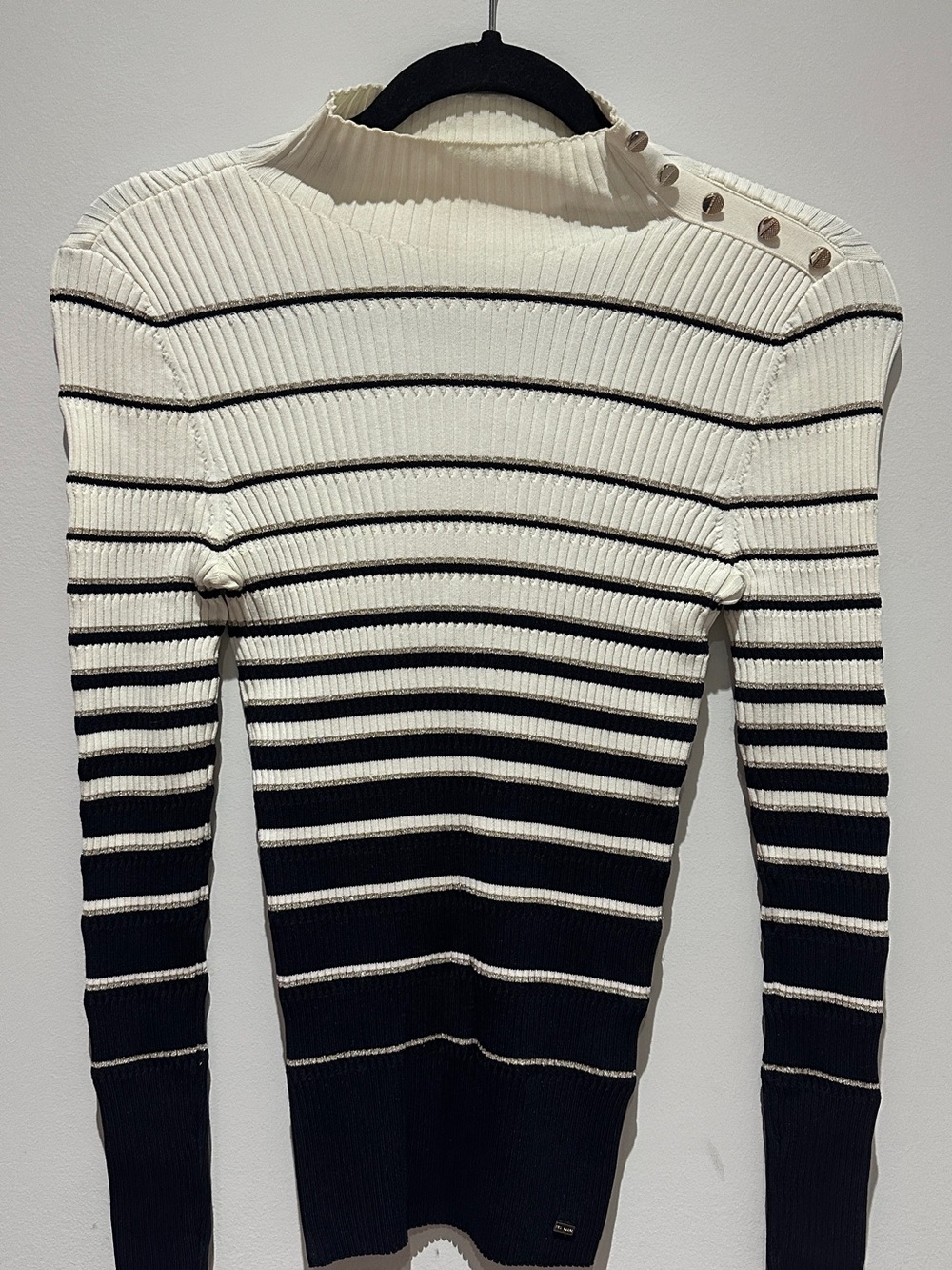 Ted Baker Black & White Striped Ribbed Mock Neck Sweater with Shoulder Buttons